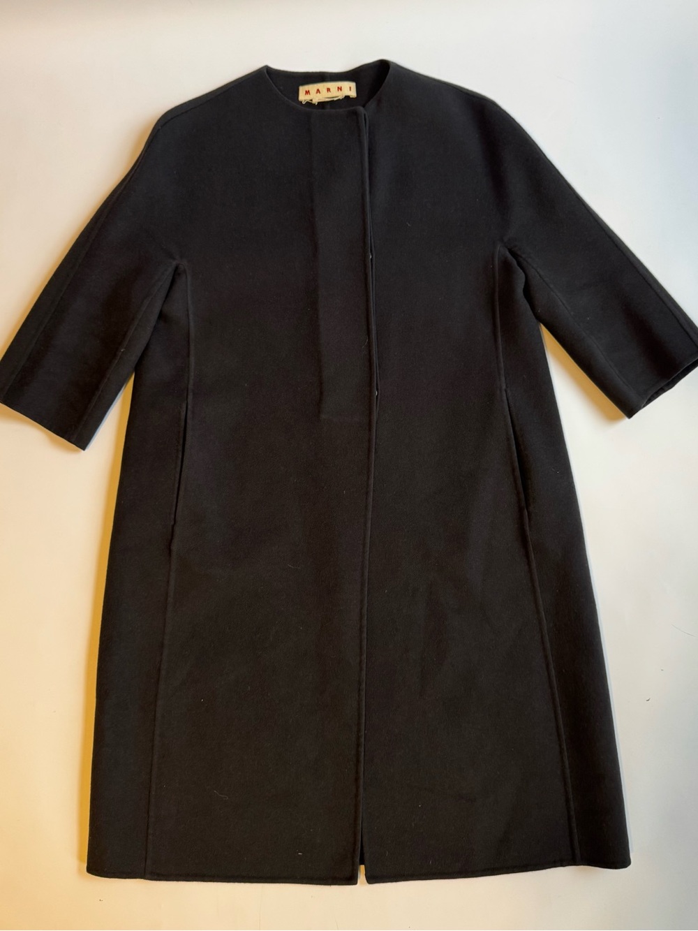 Marni Women’s Black Cashmere Angora Wool Long Coat 3/4 Sleeve Made Italy Size 42